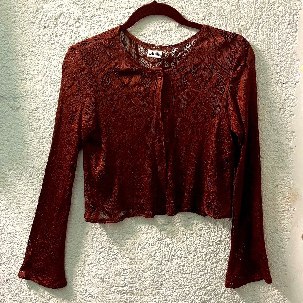 VINTAGE Laced Top, Long Sleeves, Brown, Button Down, Small, Perfect. Pit-Pit 18”